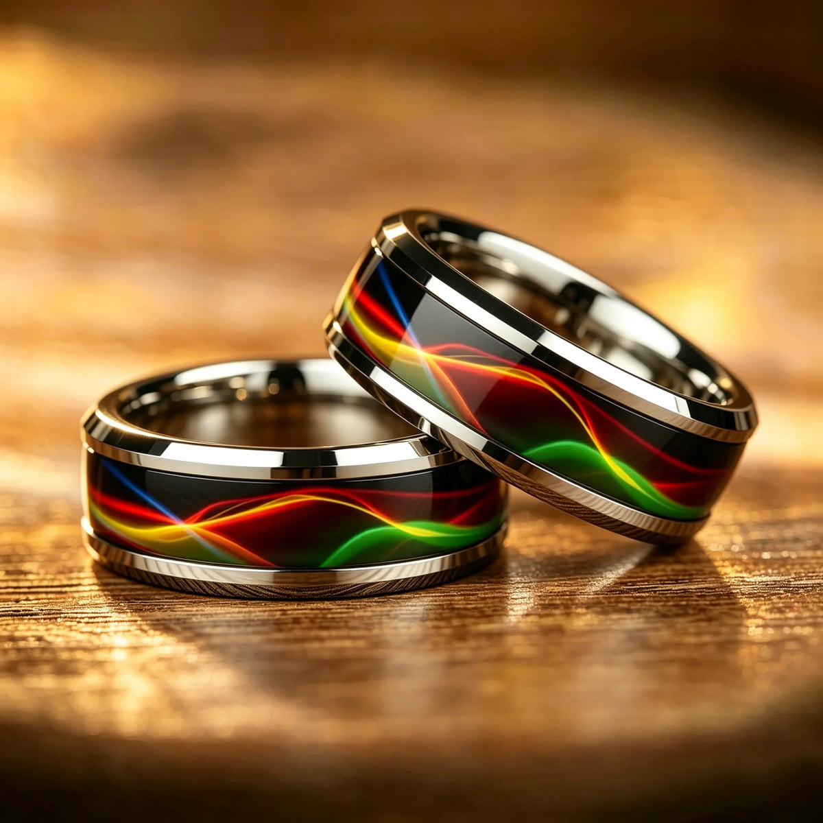 Fashion Men Stainless Steel Rings, 8mm Cyberpunk Rainbow Aurora Grain Inlay Rings for Men High Polished Wedding Bands Jewelry