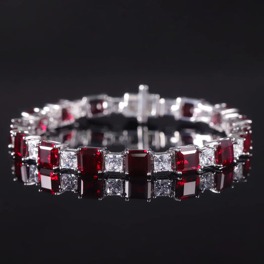 GEM'S BALLET Square Princess Cut Lab Created Ruby Tennis Bracelet Real Sterling Silver 925 Fancy Party Wear Bracelet Gift 925 Sterling Silver Lab Created Ruby CHINA | 17cm