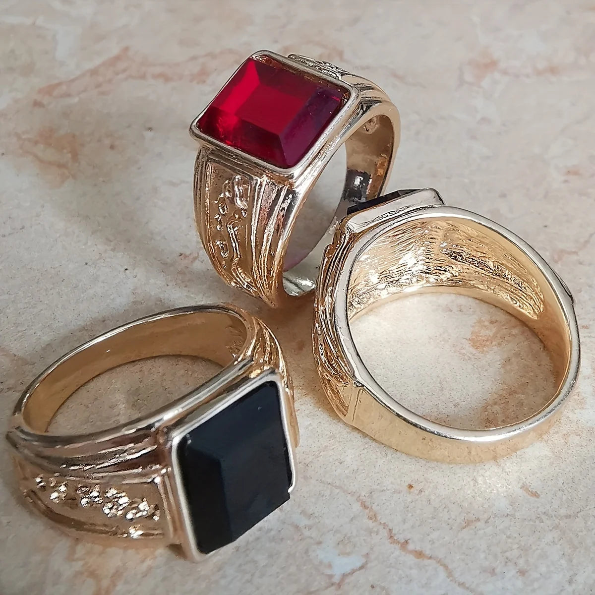 1pc 18K Gold-Plated Men's Ring Inlaid Glass Copper Ring