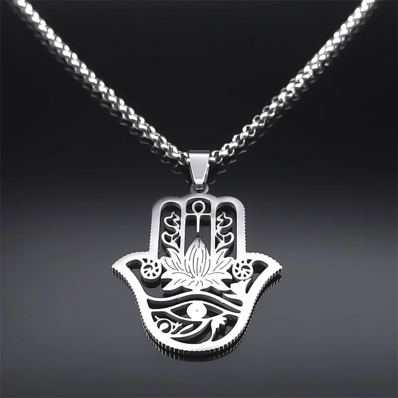 Hamsa Hand of Fatima Lotus Flower Eye of Horus Necklace Women Stainless Steel Silver Color Ankh Key of Life Necklaces Jewelry