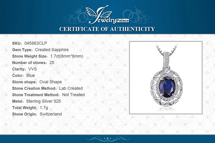 JewelryPalace Oval Cut Created Blue Sapphire 925 Sterling Silver Pendant Necklace Hollow Gemstones Women Necklace Without Chain