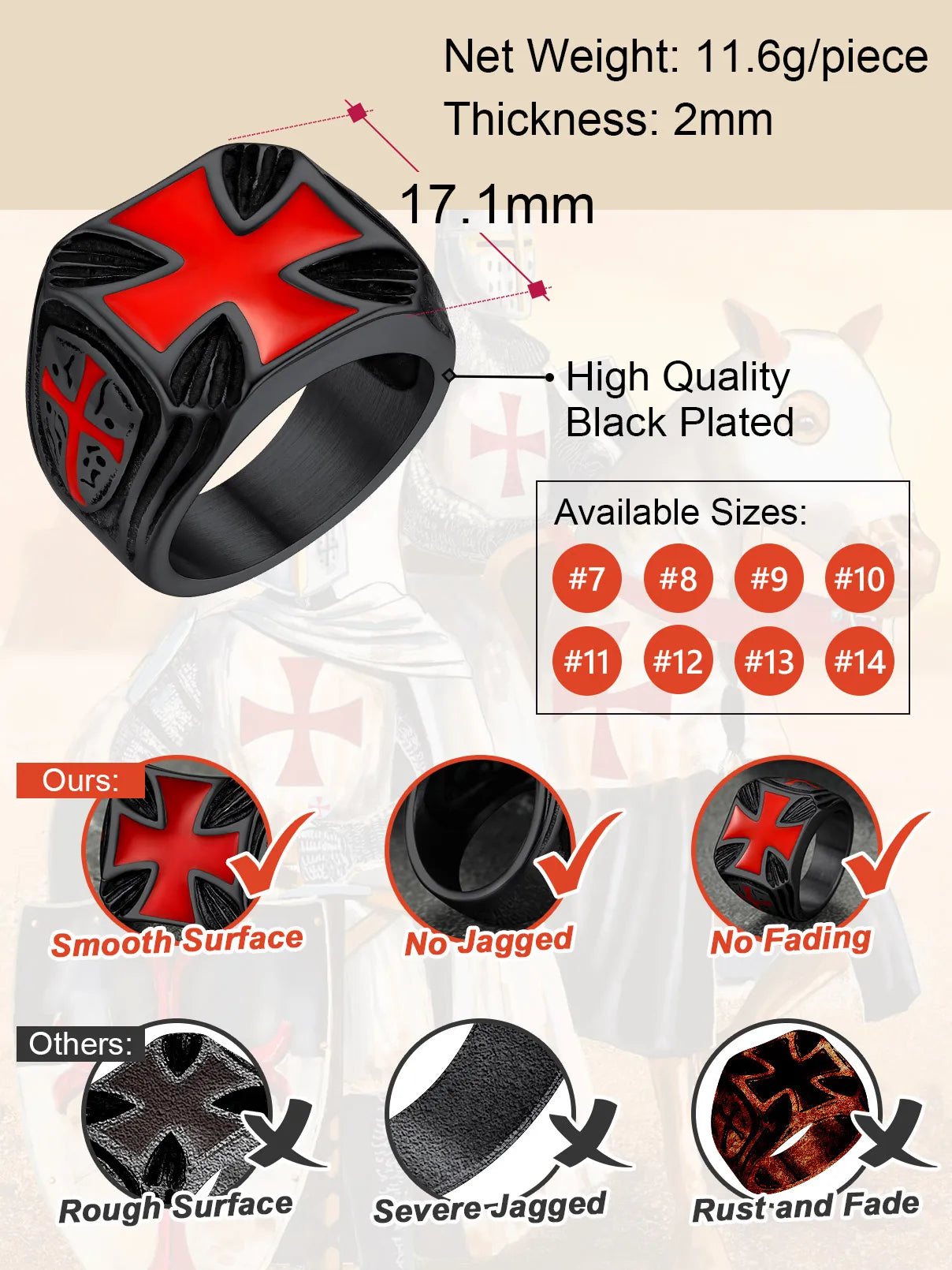 U7 Stainless Steel Square Knight Templar Rings Black Red Glaze Cross The Temple of Solomo Signet Ring Vintage Style Jewelry Gift