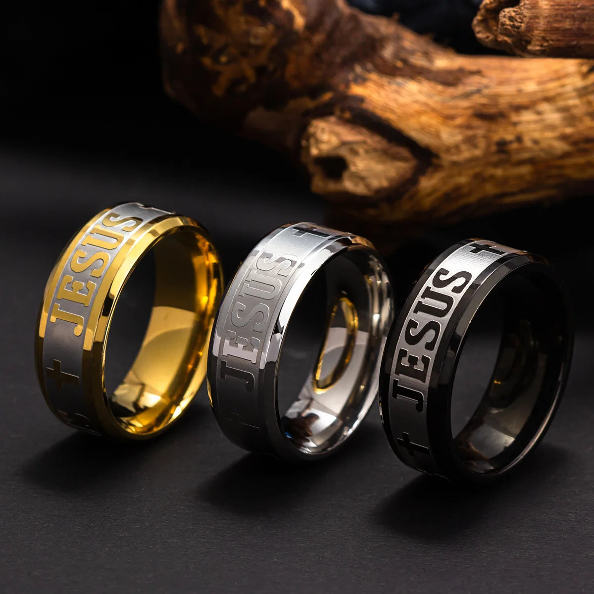 Stainless Steel Black Color Jesus Cross Letter Bible Prayer Finger Rings For Men 8mm Amulet Jewelry