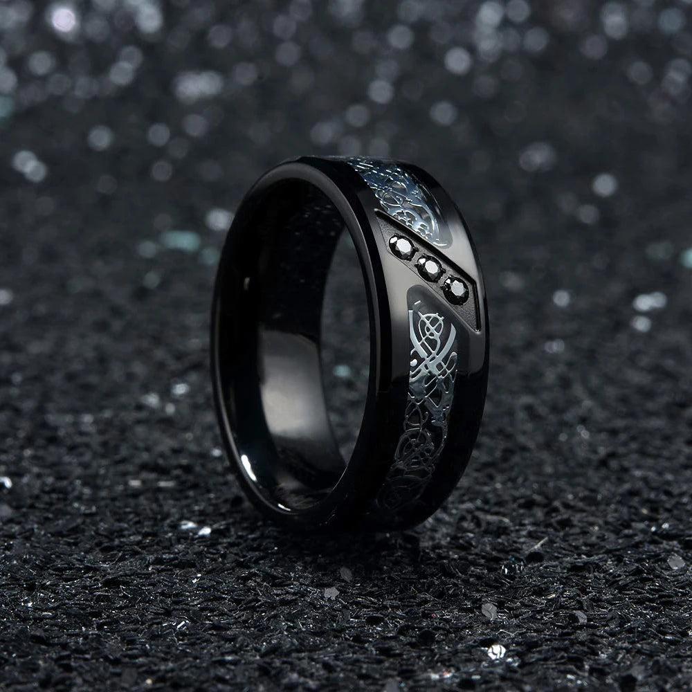 Fashion 8mm Men Stainless Steel Celtic Dragon Rings Inlaid Black Zircon Stone Rings For Men Carbon Fibre Rings Wedding Band Gift