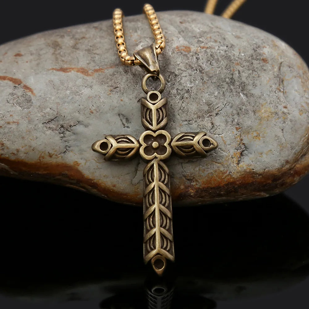 Stainless Steel Vintage Viking Style Cross Necklace for Women Fashion Punk Cross Necklace Male Jewelry Accessories