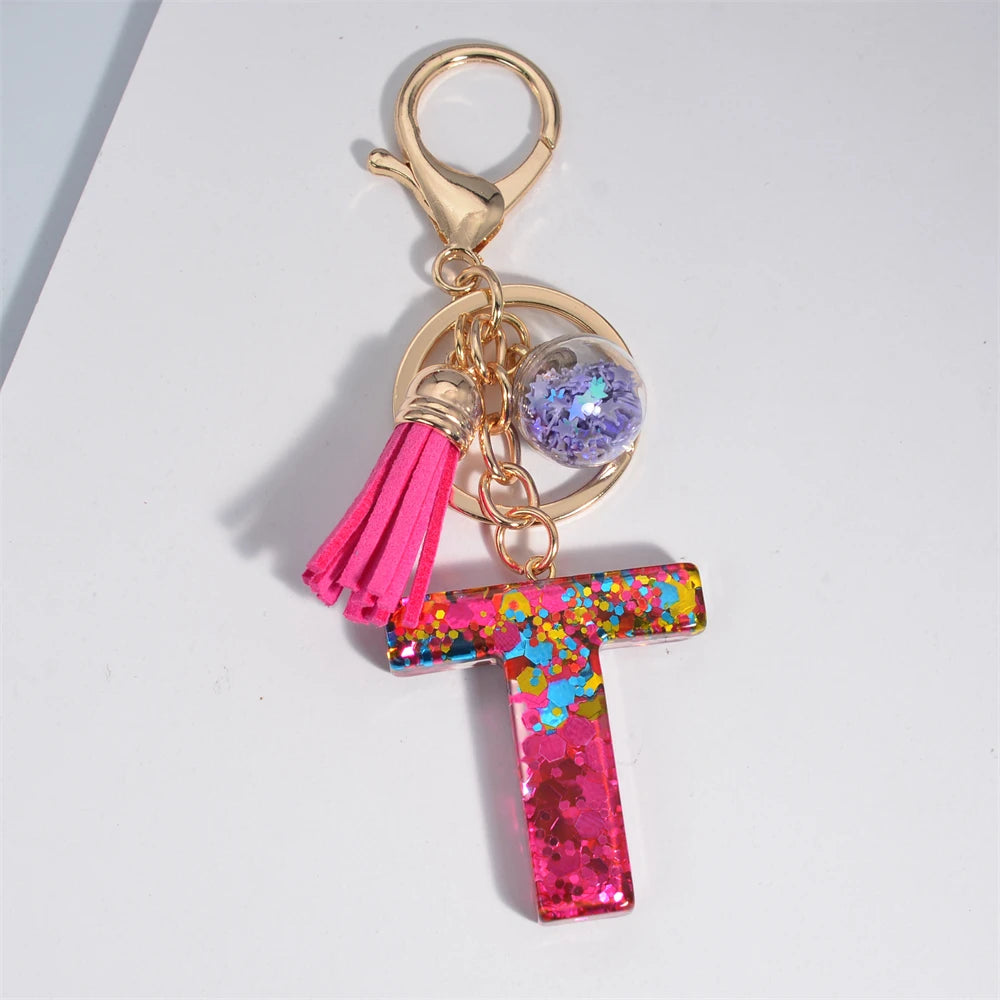 Colorful Letter Keychain Pendant Glitter Sequin Resin Key Chain Tassel Charms With Ball Keyring Jewelry For Women Bag Ornaments T