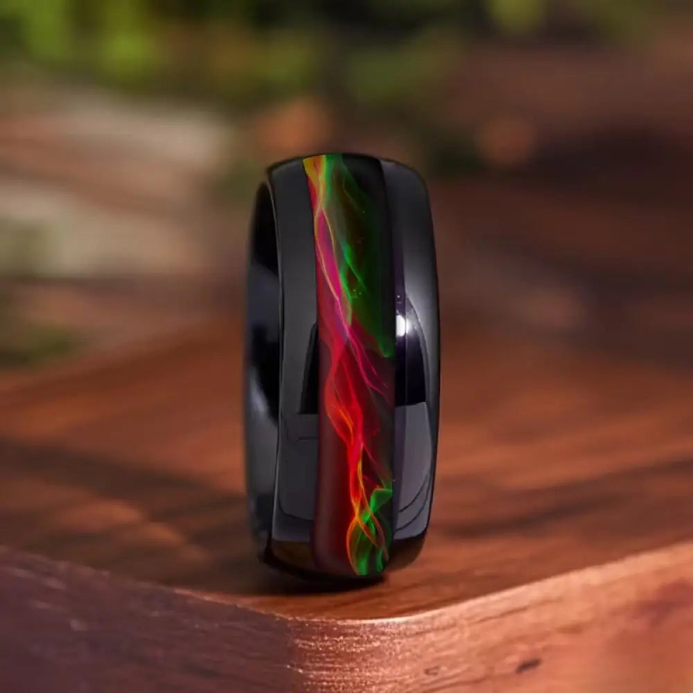 Fashion Black Men Stainless Steel Ring with Volcanic Lava and Golden Foil Pattern Inlay Rings for Men Wedding Jewelry Drop Ship