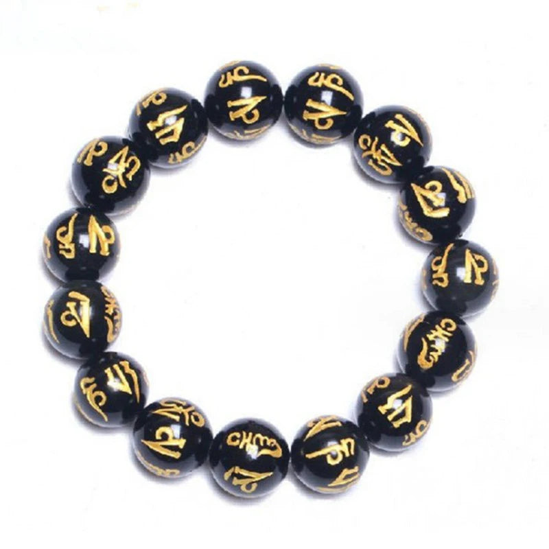 Tibetan Buddhism Six Words Mantra Bracelets For Men Women Black Obsidian Amulet Lucky Bangles Jewelry With Gift Box