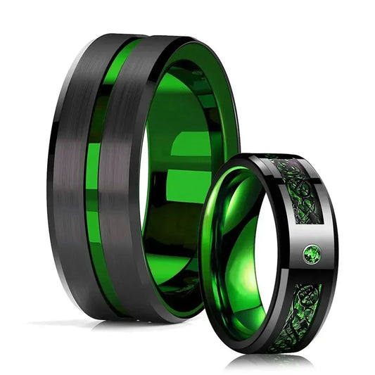 Fashion 8mm Black Tungsten Wedding Celtic Dragon Rings Inlaid Green Zircon Ring for Men Stainless Steel Purple Carbon Fibre Ring