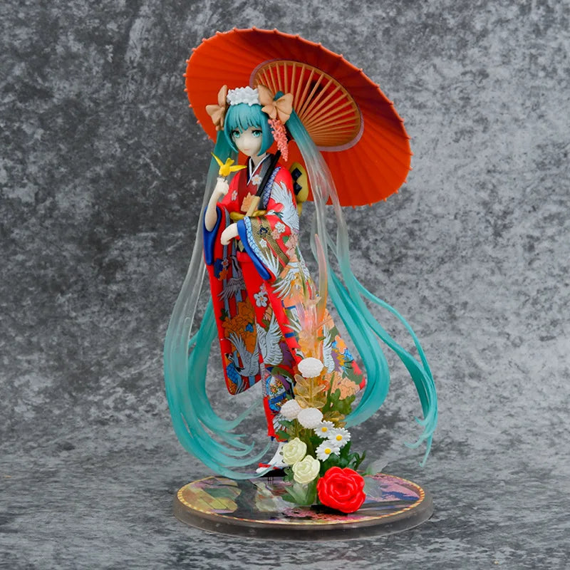 Boxed 22CM New Anime Hatsune Miku kimono Umbrella Beautiful girl series PVC Action figure Model toys doll Ornaments fans gifts