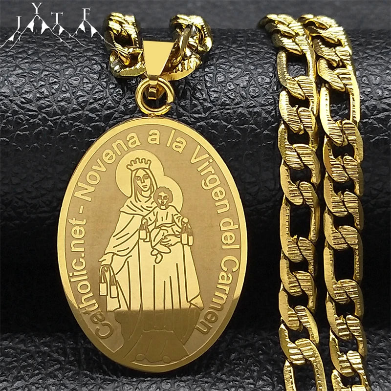 Catholic Virgin Mary Madal Necklace Men Women Stainless Steel Necklaces Jewelry Gift Novena a La Virgen Del Carmen NZZZ137S05