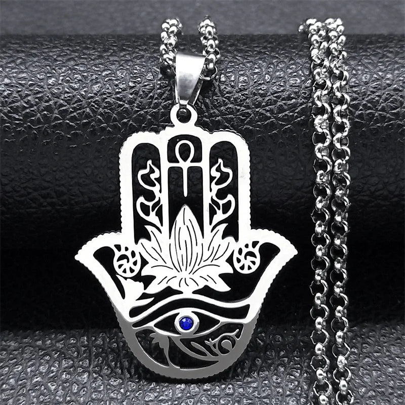 Hamsa Hand of Fatima Lotus Flower Eye of Horus Necklace Women Stainless Steel Silver Color Ankh Key of Life Necklaces Jewelry