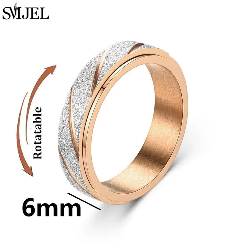 Rose Gold Stainless Steel Anxiety Ring Women Men Fidgets Spinner Rings Engagement Bands Silver Color Fashion Jewelry 8/6mm