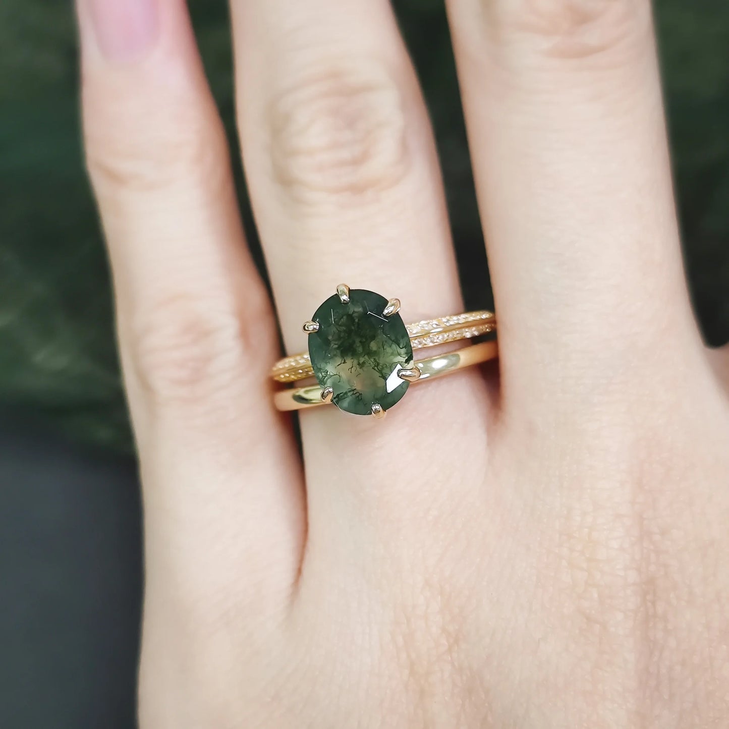 GEM'S BALLLET Unique Moss Agate Engagement Ring Set 925 Sterling Silver Stacking Solitaire Wedding Band 2pcs Bridal Ring Set