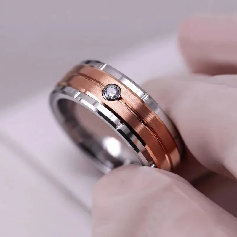 Fashiom 8mm Diagonal Groove Tungsten Men Rings, Classic Stainless Steel Rings For Men, Wedding Band Jewelry Anniversary Gift
