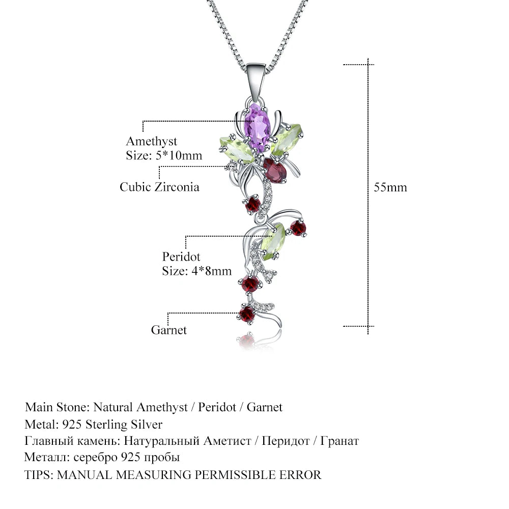 GEM'S BALLET Multicolor Natural Peridot Amethyst Garnet Flower Pendant 925 Sterling Silver Necklace Fine Jewelry for Women