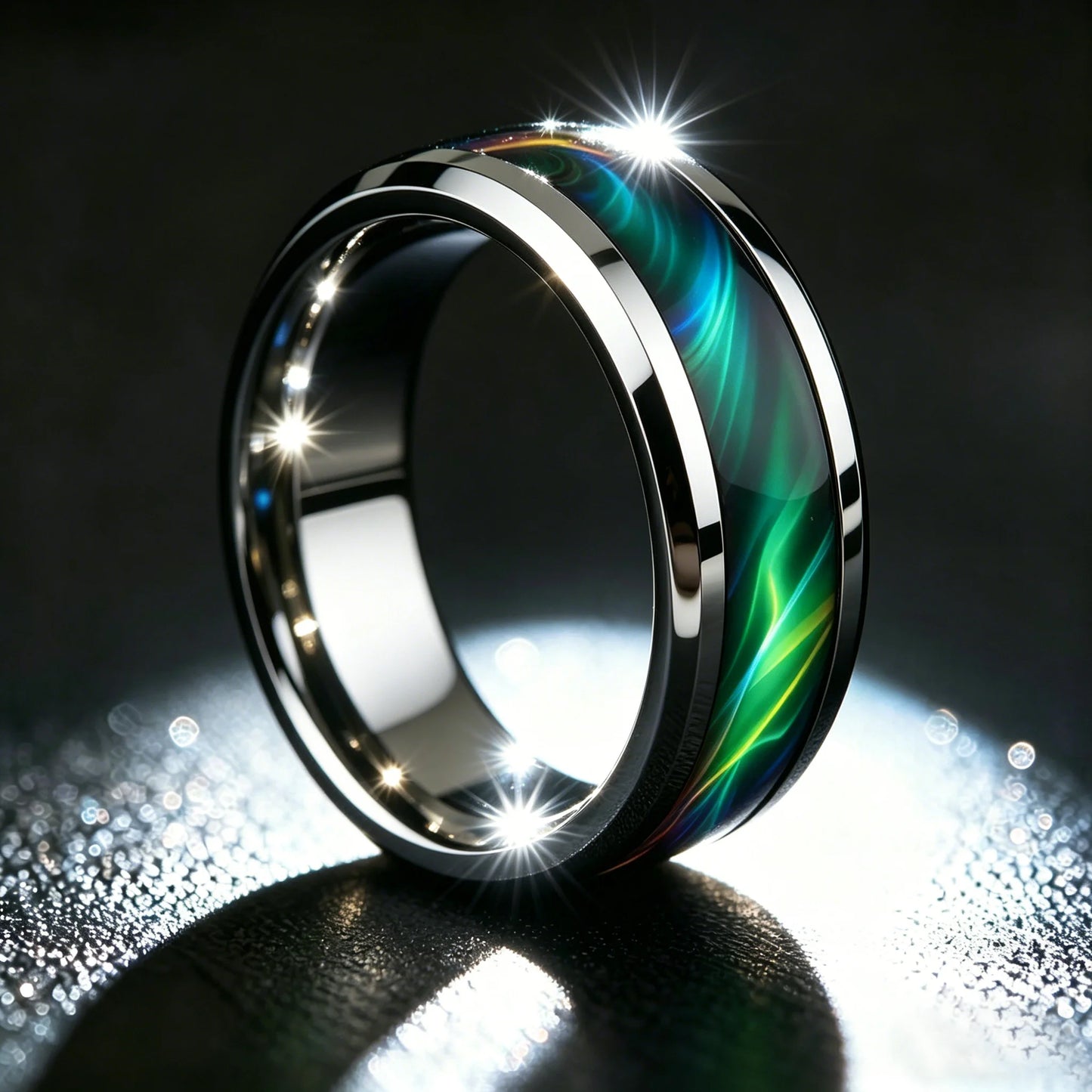Men's Green Aurora Nebula Stainless Steel Ring, Silver Color Polished with Malachite Inlay, Punk Biker Jewelry Gift for Him