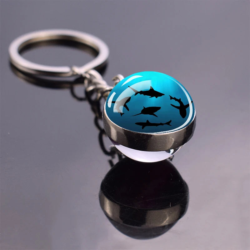 Blue Sea Keychain Marine Organisms Cute Key Chain Double Sided Glass Ball Pendant Dolphins Turtles Starfish Keyring Jewelry Gift As show 14