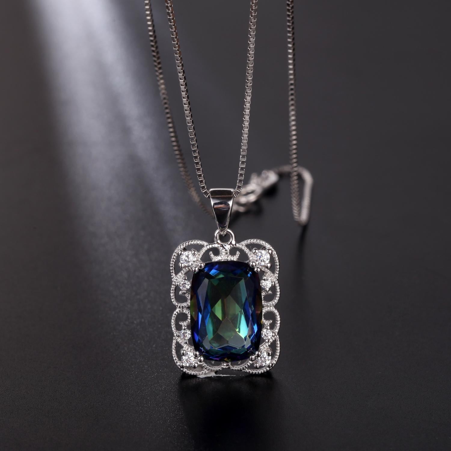 GEM&#39;S BALLET Delicate Lace Necklace 9.66Ct 10x14mm Cushion Fire Mystic Topaz Gemstone Pendant Neckace in Sterling Silver