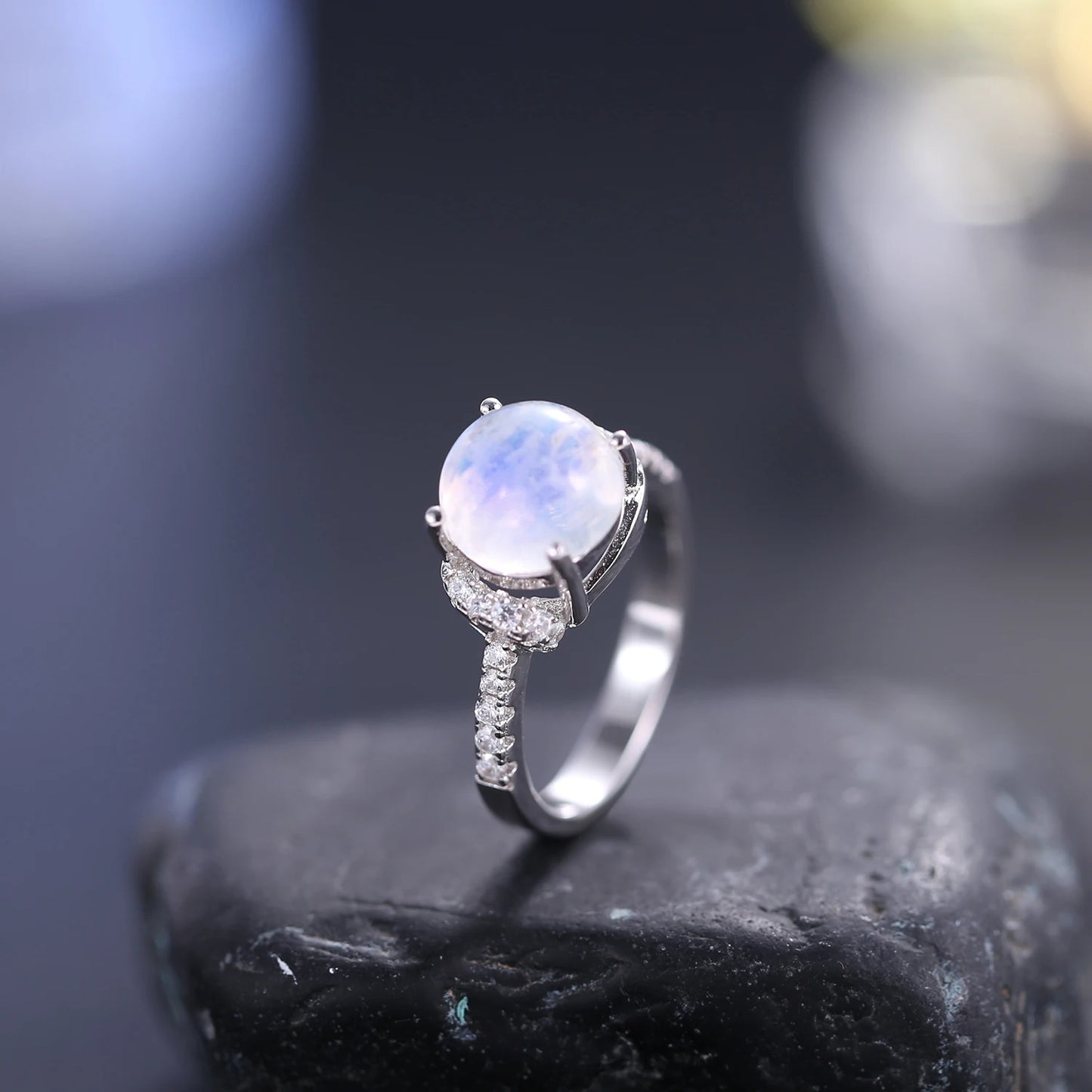 GEM'S BALLET 9mm Round Natural Milky Blue Moonstone Gemstone Ring in 925 Sterling Silver Birthstone Dainty Ring Gift For Her