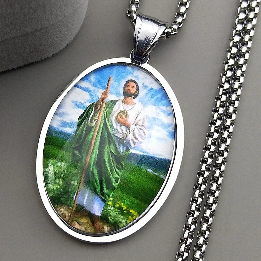 Christian San Judas Tadeo Glass Medal Pendant Necklace for Women Men Stainless Steel Gold Color Saint Jude Amulet Jewelry Gift