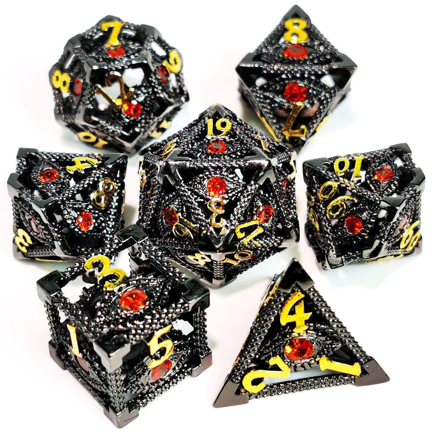 DnD Metal Dice Set - Hollow Dragon Eye Zinc Alloy 7pc Dice with Red Core for D&D RPG Games Red