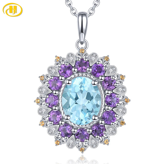 Colgantes de plata maciza de amatista y topacio azul cielo natural de 4,5 quilates, piedras preciosas multicolores, estilo exquisito, joyería fina de compromiso.