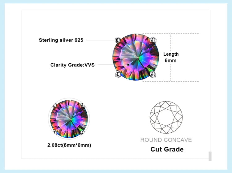 JewelryPalace Round Genuine Rainbow Mystic Quartz 925 Sterling Silver Stud Earrings  Women Fashion Statement Gemstone  Jewelry
