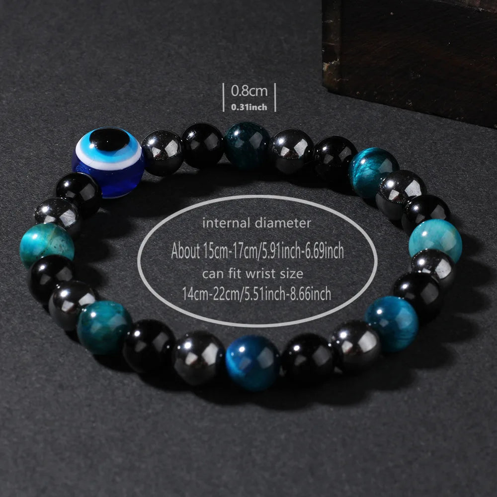 Triple Protection Bracelet, Blue Tigers Eye Black Bile Obsidian Evil Eye Beaded Bracelet, Handmade Stretch Beaded Bracelets