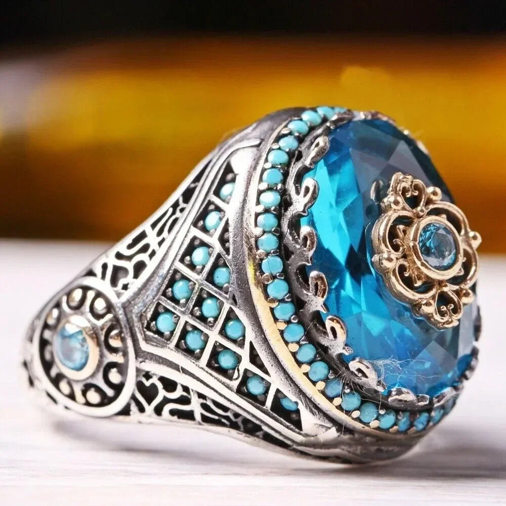 New Retro Handmade Turkish Rings for Men Vintage Double Swords Black Zircon Rings Punk 2024 Trendy Islamic Religious Muslim
