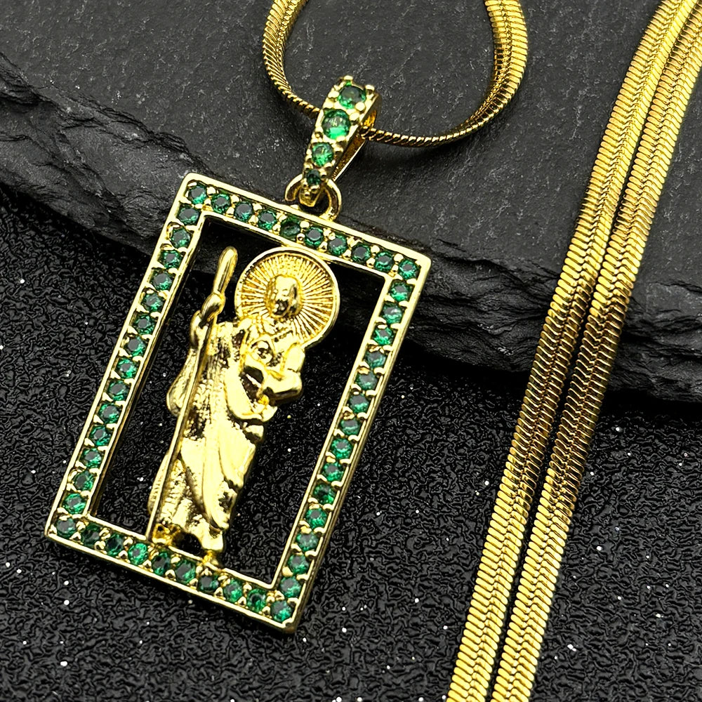 Saint St. Jude Thaddeus Zircon Shiny Necklace for Women Men Stainless Steel Gold Color San Judas Tadeo Necklaces Jewelry NGG43-4