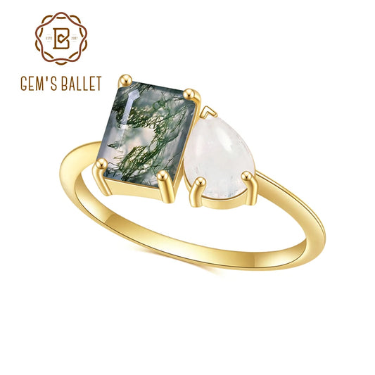 GEM'S BALLET Milky Blue Moonstone Moss Agate Engagement Rings in 925 Sterling Silver Toi et Moi Ring Handmade Fine Jewelry