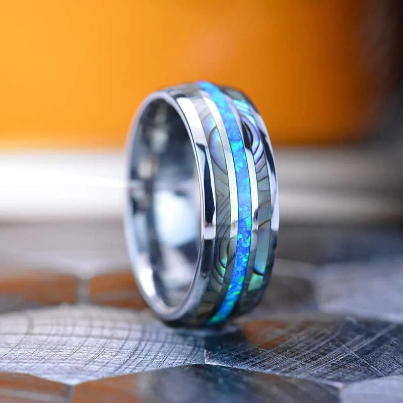 Fashion 8mm Silver Color Stainless Steel Ring For Men Fashion Abalone Shell Inlay Ring Men's Wedding Band Accessories Wholesale