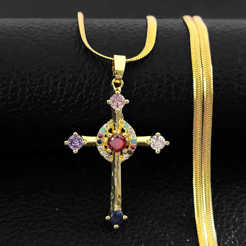 Vintage Shiny Zircon Jesus Cross Religious Amulet Necklace Women Stainless Steel Clavicle Snake Chain Choker Necklaces Jewelry