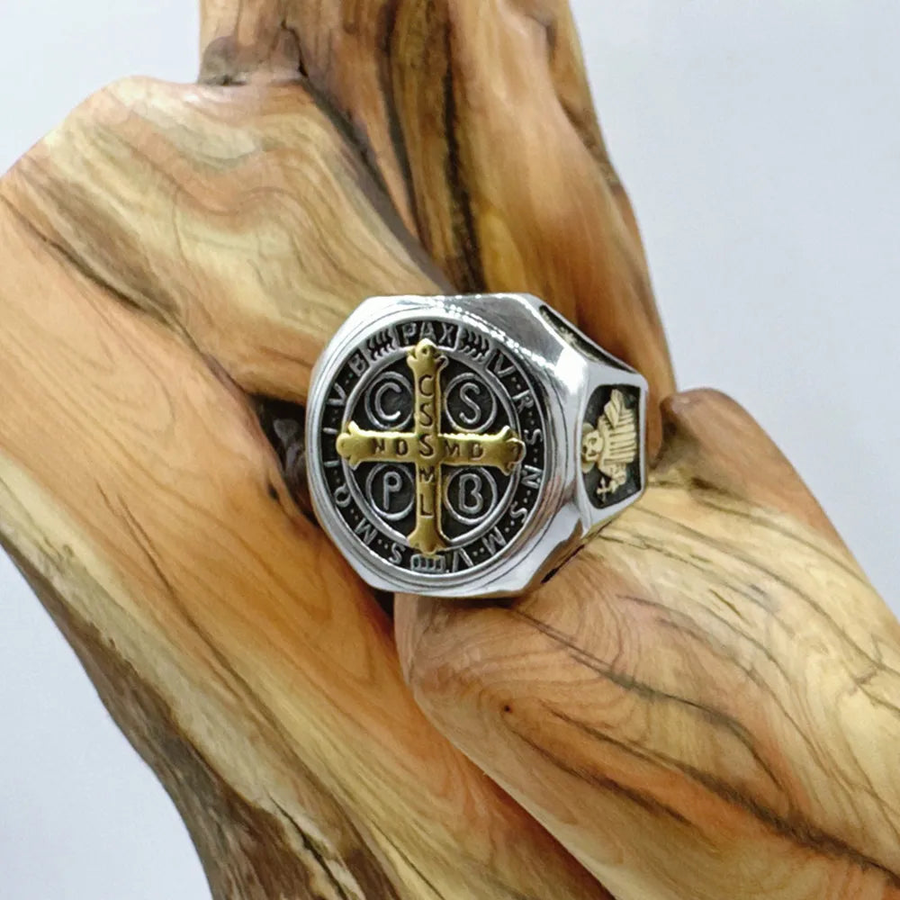 Crux Sancti Patris Benedict Cspb Cross Men Rings 316L Stainless Steel Punk Jewelry Size 7-13