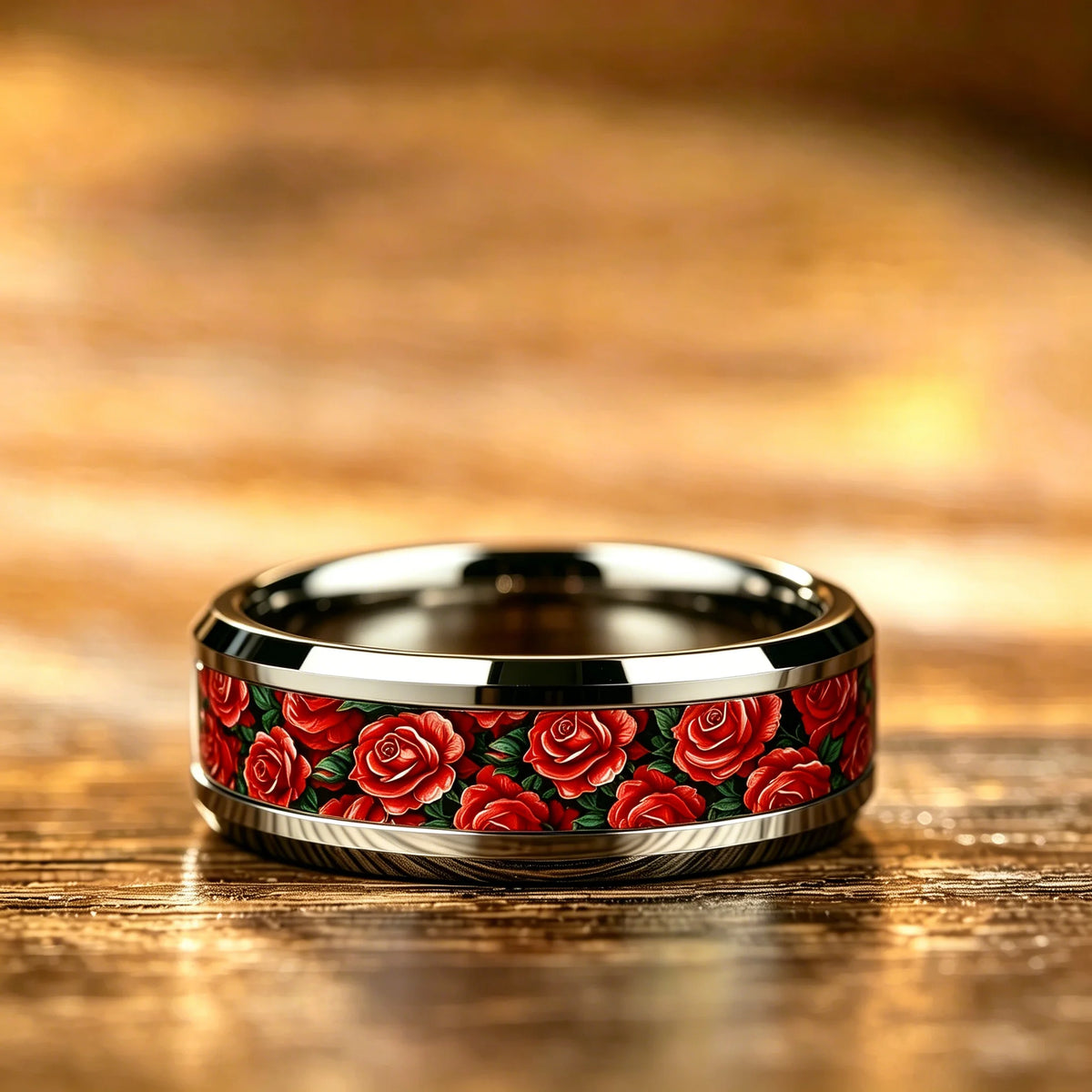 Women's Stainless Steel Ring Red Rose Flower & Green Leaves Inlay Wedding Band Romantic Valentine Floral Pattern Finger Jewelry