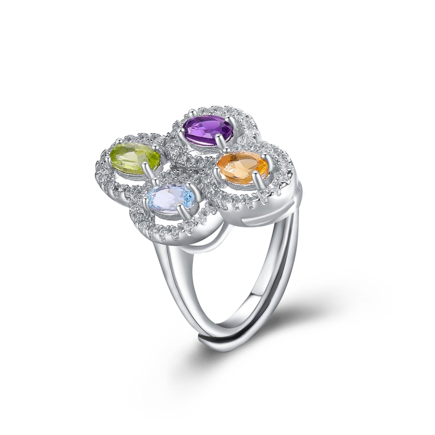 GEM&#39;S BALLET Clover Flower Ring Natural Amethyst Peridot Topaz Citrine Birthstone Ring in 925 Sterling Silver Gift For Her Resizable MIX|925 Sterling Silver