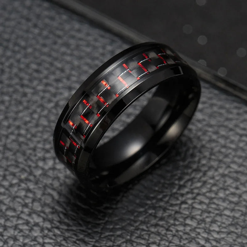 Fashion 8mm Black Stainless Steel Dragon Rings For Men Women Inlaid Blue Carbon Fiber Men Rings Punk Wedding Band Jewelry Gifts