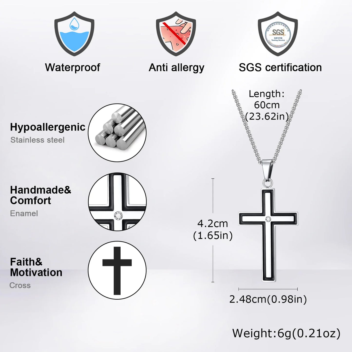 Mens Stainless Steel Cross Necklaces,Cross Center Zircon Pendant Collars with Black Glue Edge,Stylish Classic Jewelry Gifts