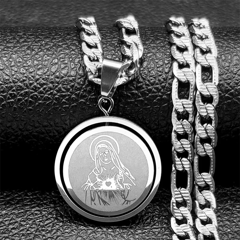 Virgin Mary Love Colorful Crystal Necklace Women Men Stainless Steel Gold Color Our Lady of Guadalupe Necklaces Jewelry N8389S05