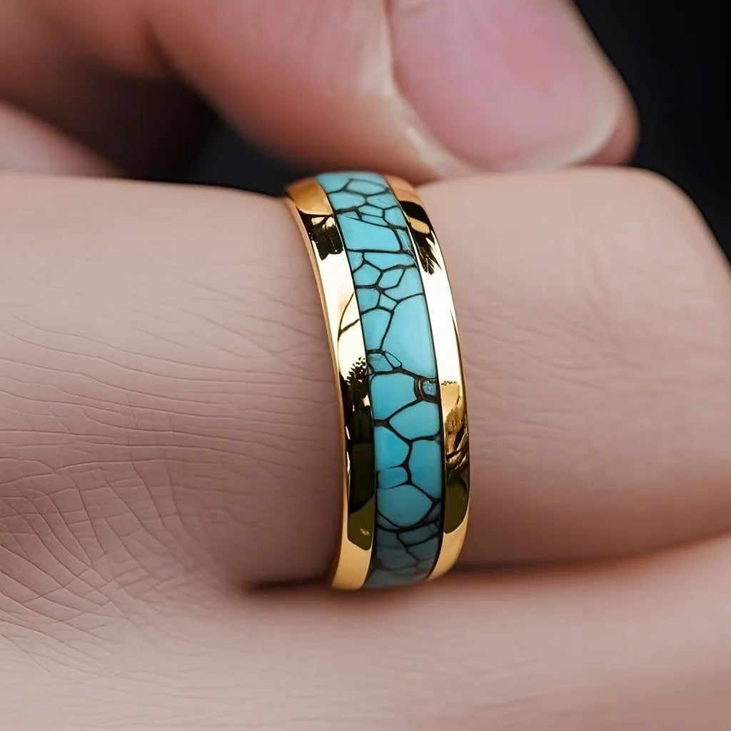 Fashion 8mm Men Gold Color Stainless Steel Rings Inlay Turquoise Rings For Men Women Wedding Engagement Band Jewelry Gift