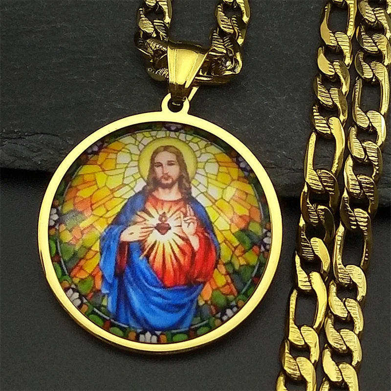 Sacred Heart of Jesus Medal Round Pendant Necklace for Women Men Stainless Steel Christian Talisman Protection Religious Jewelry