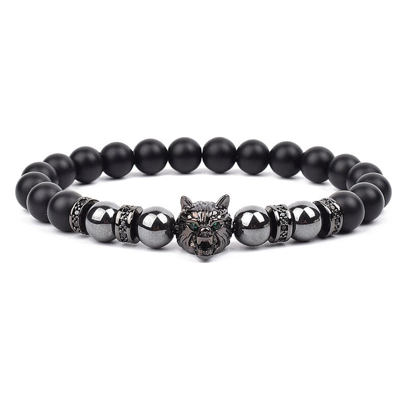 Wolf Charm Bracelets Men Natural Black Agates Onyx Stone Bracelet Brave Blue Tiger Eye Elastic 8 mm Beads Jewelry Beaded Pulsera Hematite