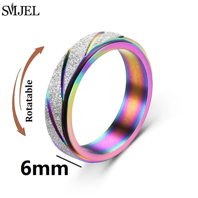 Rose Gold Stainless Steel Anxiety Ring Women Men Fidgets Spinner Rings Engagement Bands Silver Color Fashion Jewelry 8/6mm
