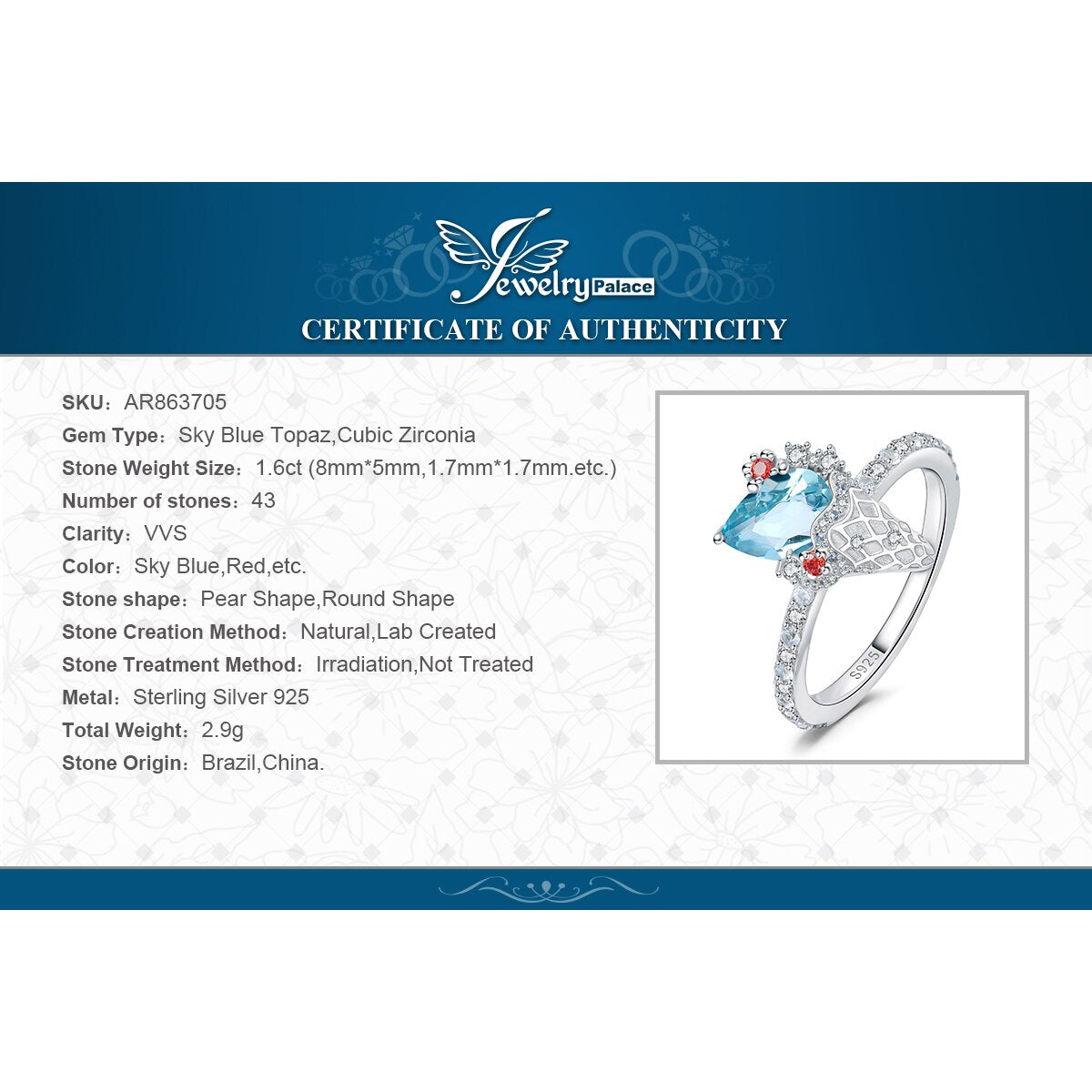 JewelryPalace New Arrival Cute Icecream 1.6ct Natural Sky Blue Topaz Red Garnet 925 Sterling Silver Ring for Woman Fashion Gift