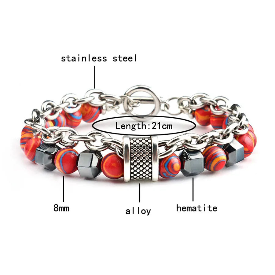 Elviragirl 1Pc Stainless Steel Chain Artificial Malachite Stone Men's Bead Bracelet Natural Stone Bracelet