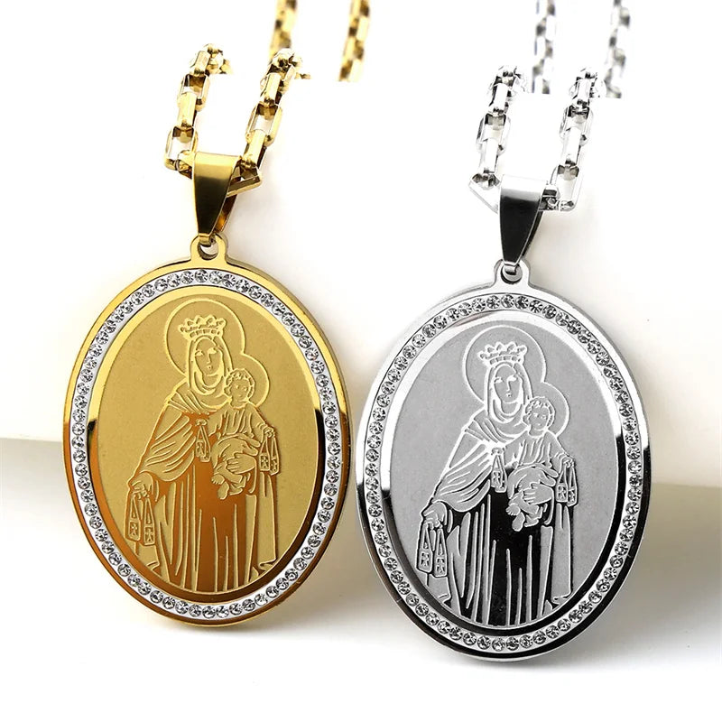 Virgin Mary Baby Jesus Pendant Necklace For Women Men Stainless Steel Rhinestones Gold Color Catholic Guadalupe Chain Jewelry