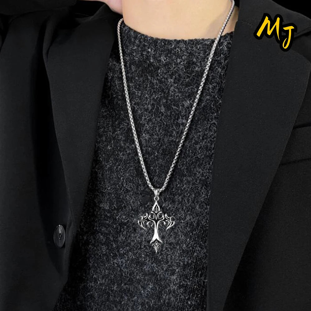 Vintage Men's Gothic Flame Cross Pendant Necklace Alloy Motorcycle Club Gothic  DragonEnwined Skull Cross Halloween Jewelry Gift