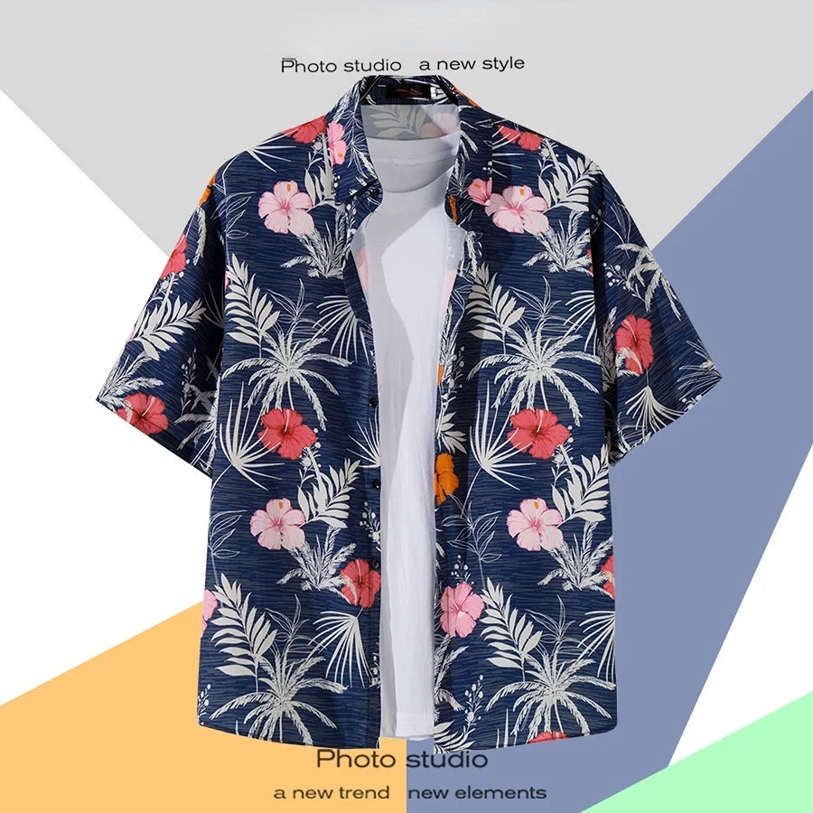 Men Street Fashion Summer Daily Shirt Hawaiian Cartoon Print Casual Loose Shirts Short Sleeve Beach Loose Tops Khaki