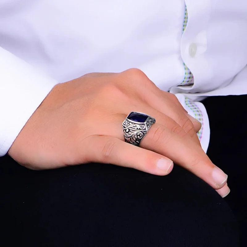 Vintage Punk Geometric Blue Suitable Rings for Anniversary Party Wedding Men's High-end Luxury Jewelry